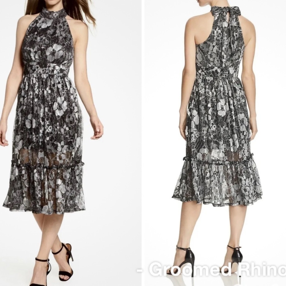 MICHAEL Michael Kors Silver Metallic Floral High Neck Midi Dress Size S